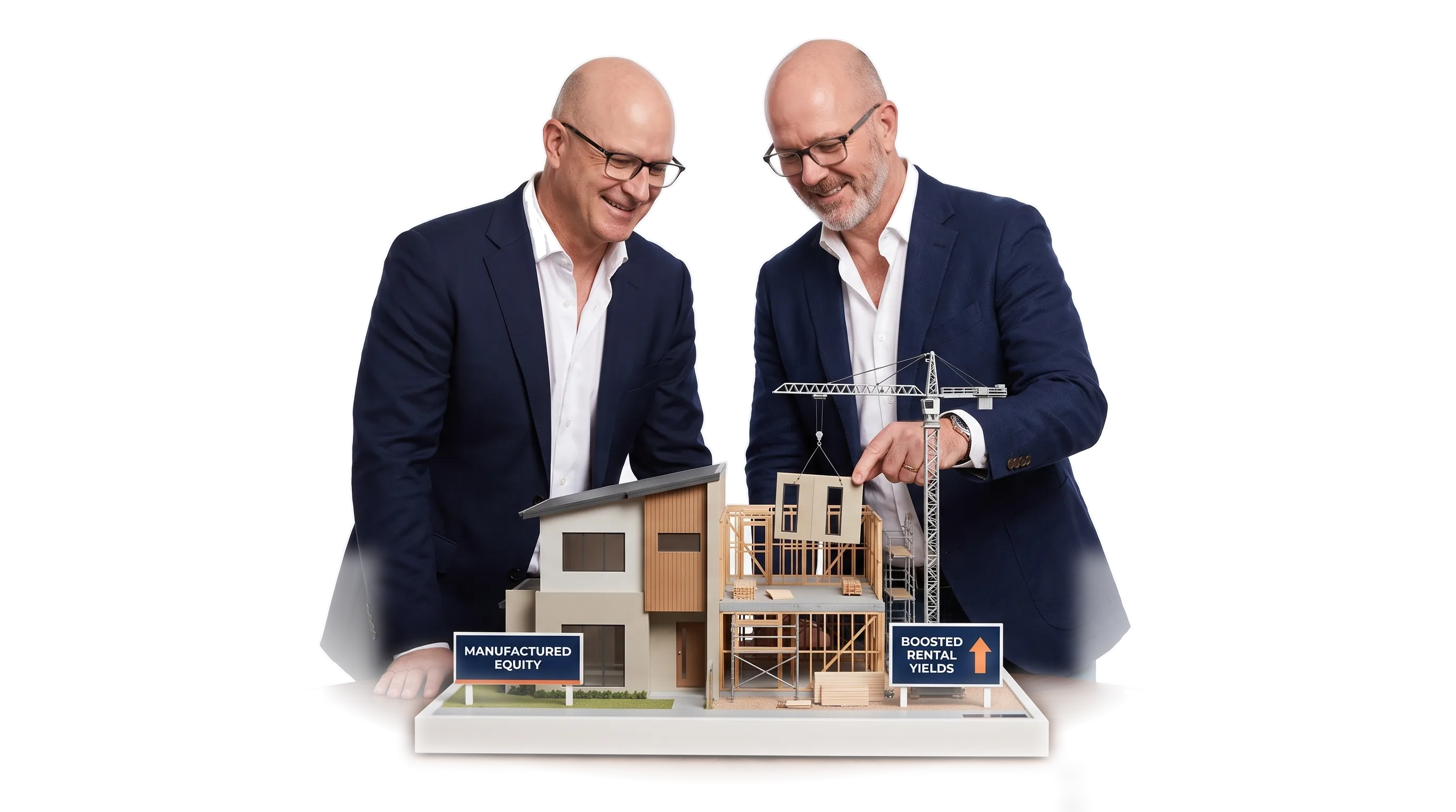 FracHaus directors Peter Balodis and Michael Fuller with a scale model of a townhouse under construction, illustrating manufactured equity and boosted rental yields