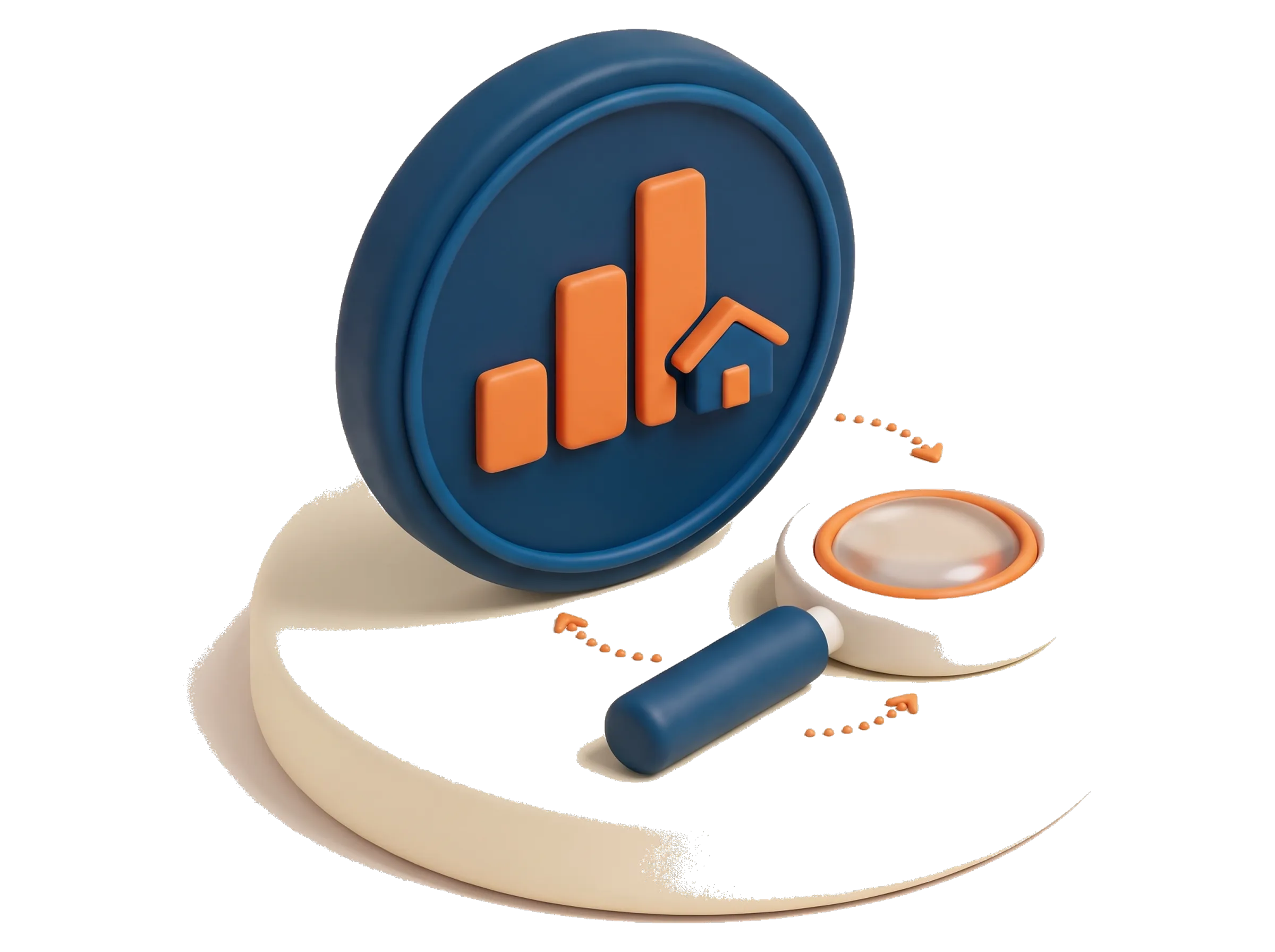 A data-led method emblem: a badge with a rising chart and a house beside a magnifying glass