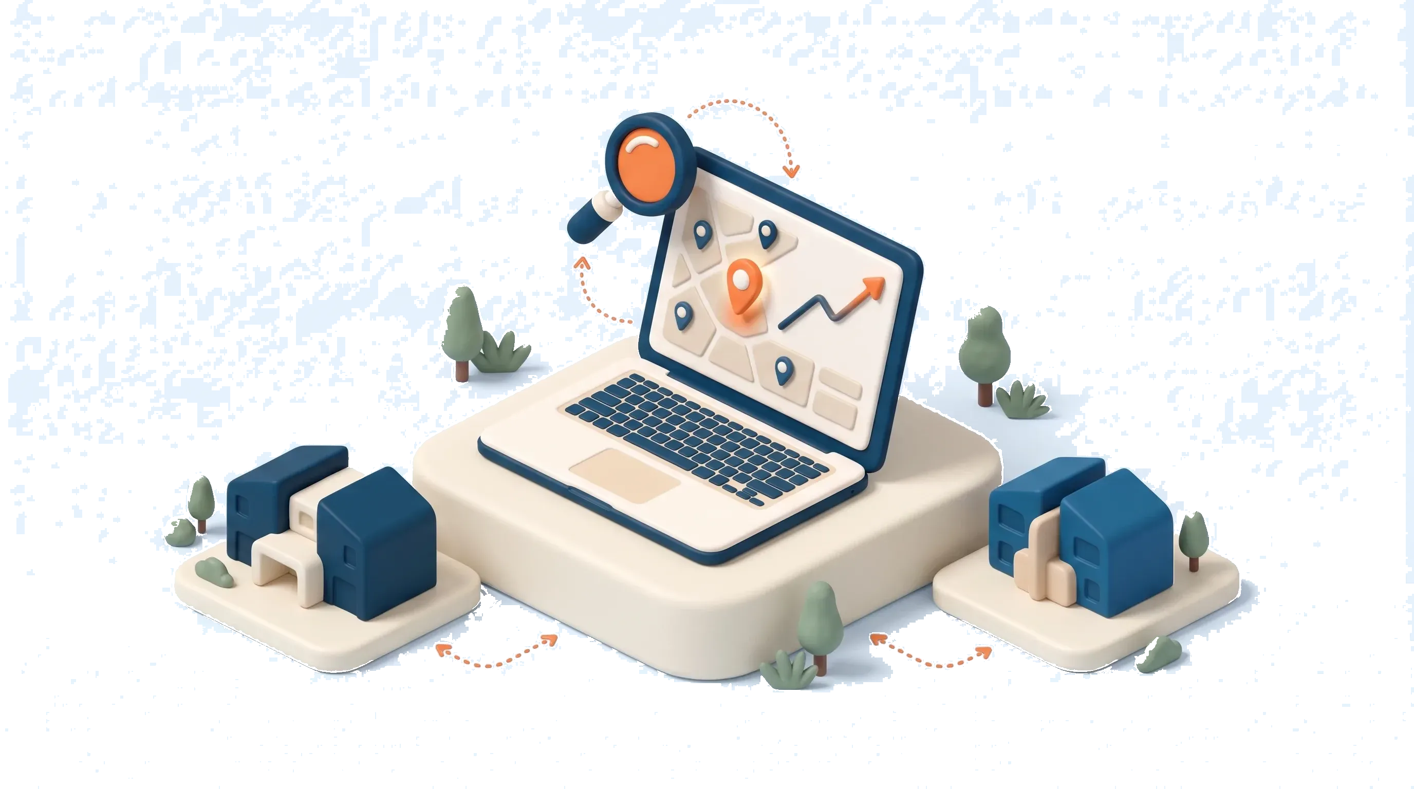 Isometric laptop showing an abstract suburb growth-score dashboard with map pins
