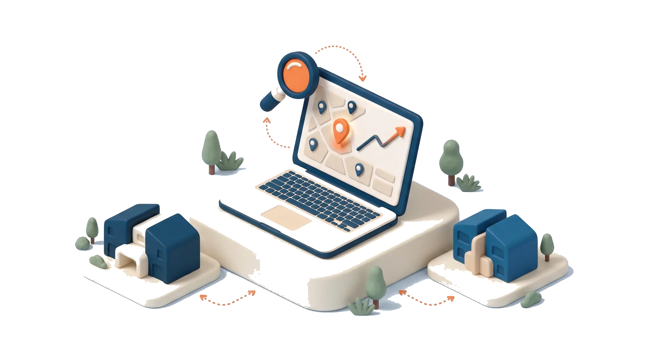 Isometric laptop showing an abstract suburb growth-score dashboard with map pins