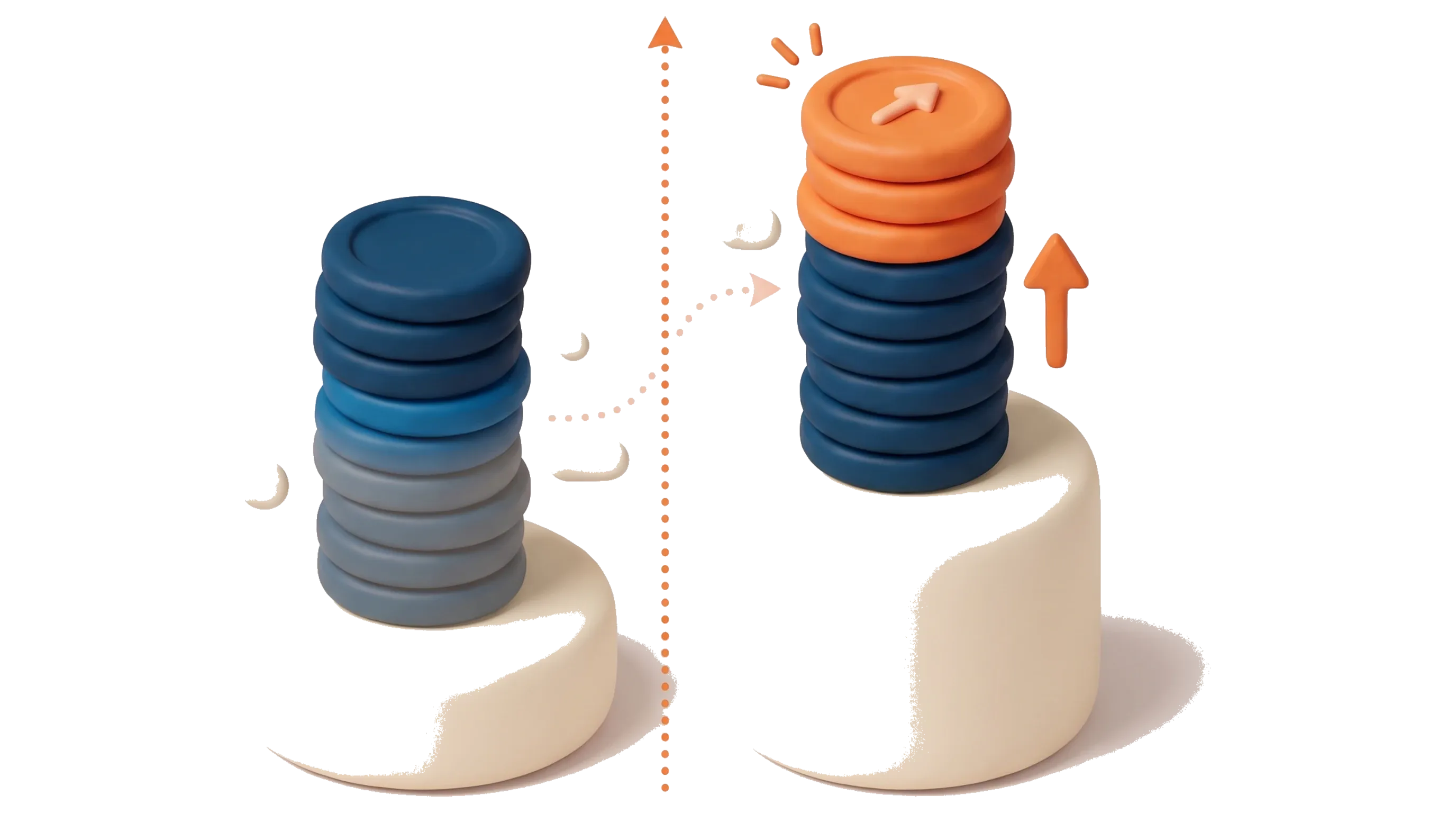 Two clay coin stacks on cream pedestals, one half-shaded for the old 50 per cent CGT discount and one with an orange inflation arrow for the 2027 rules