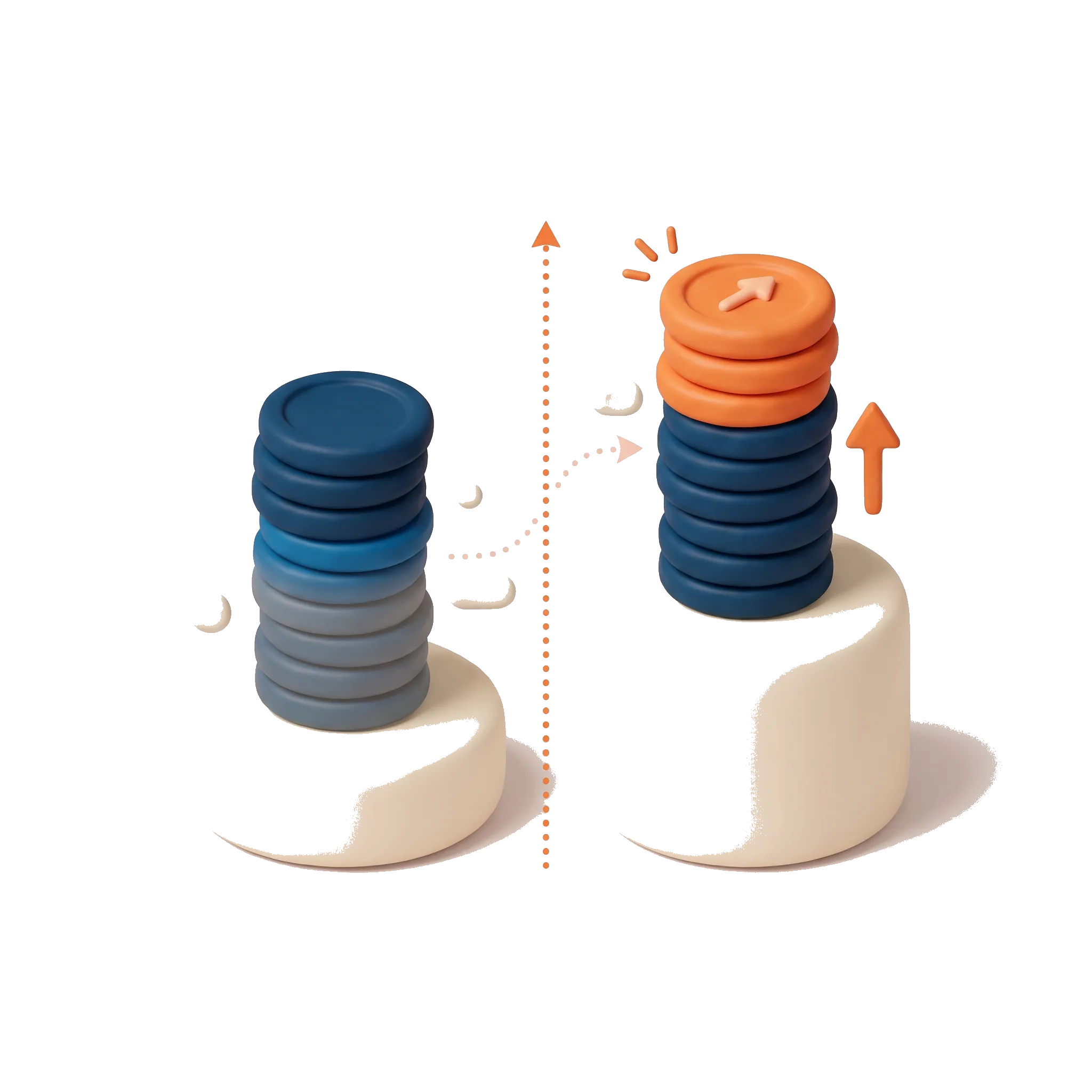 Two clay coin stacks on cream pedestals, one half-shaded for the old 50 per cent CGT discount and one with an orange inflation arrow for the 2027 rules
