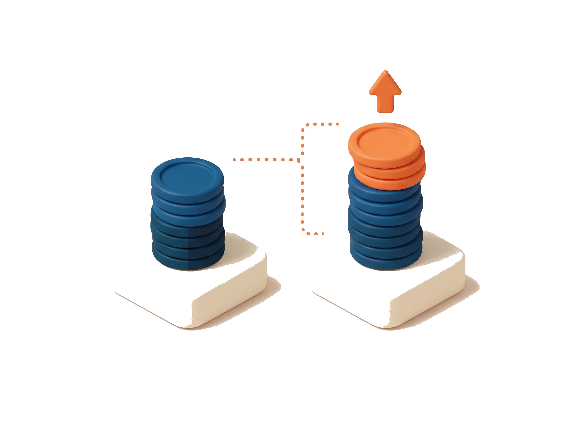Old versus new capital gains tax on property shown as two clay coin stacks, a half-shaded discount stack beside an indexed stack with an orange top