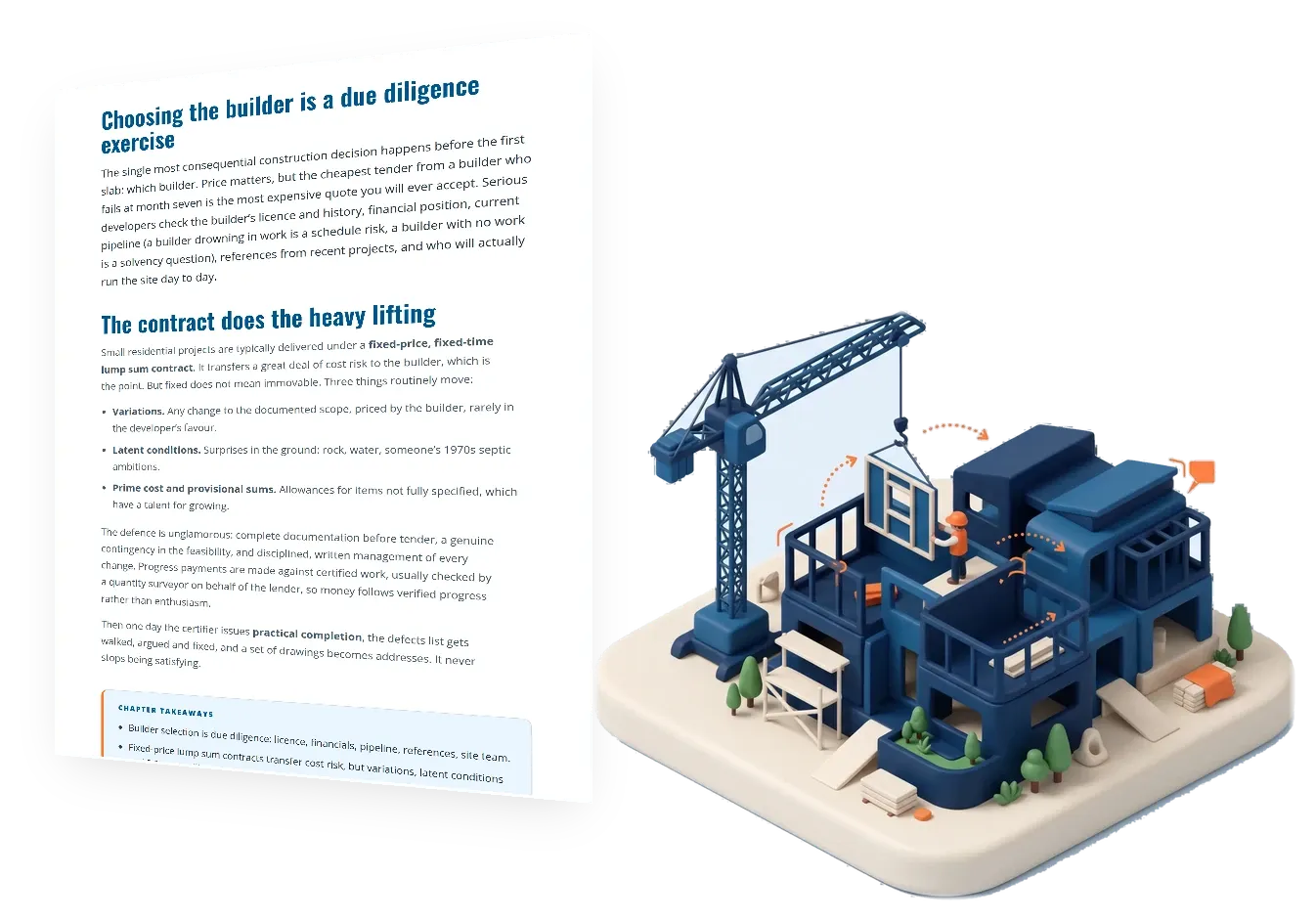 Chapter 7 of the FracHaus property development guide, construction and delivery, shown as a page beside its illustration