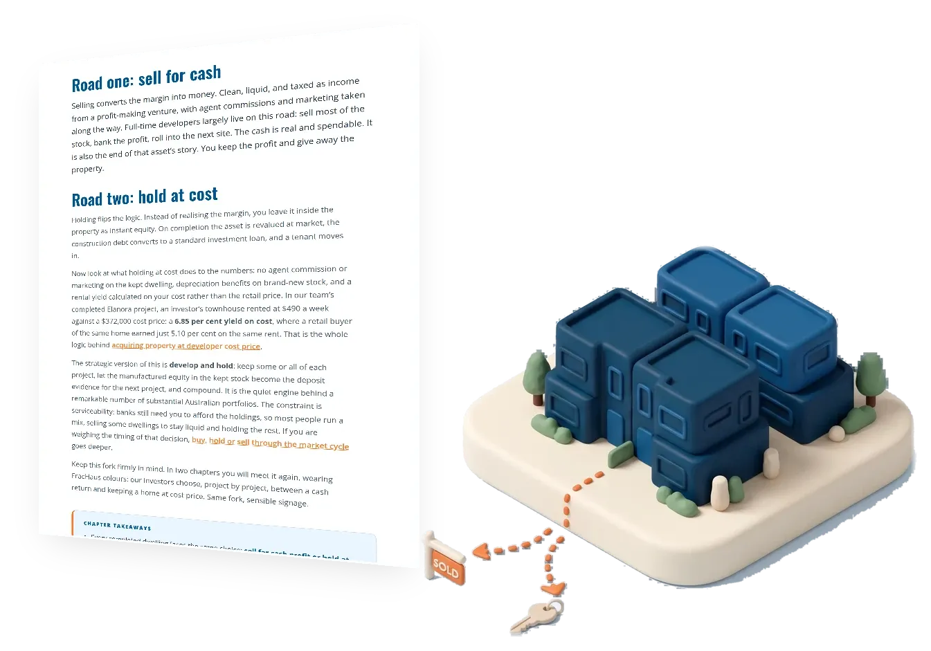 Chapter 8 of the FracHaus property development guide, completion: sell or hold, shown as a page beside its illustration