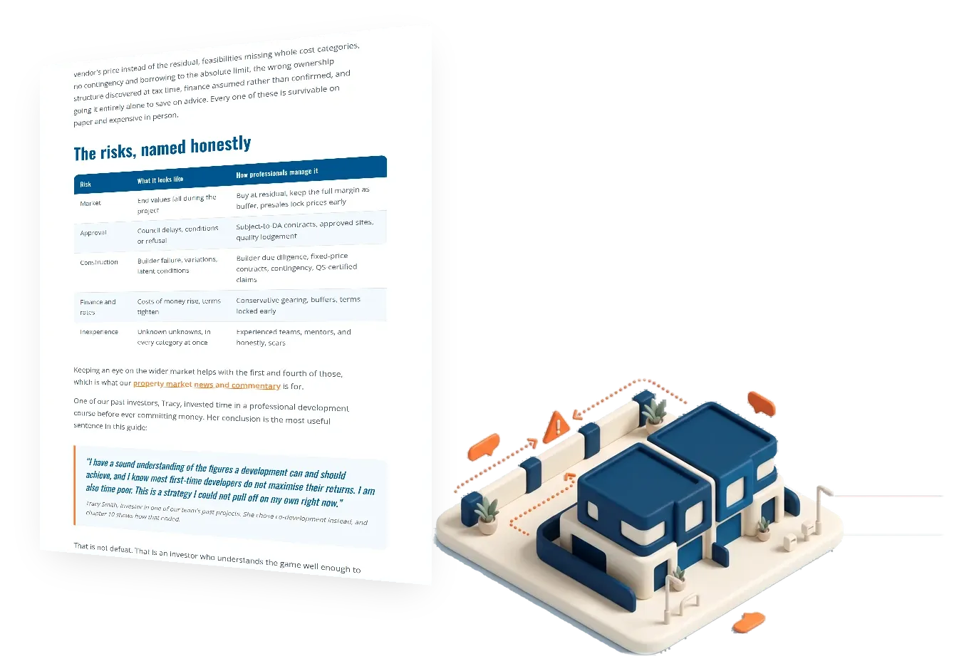 Chapter 9 of the FracHaus property development guide, the hard truths, shown as a page beside its illustration
