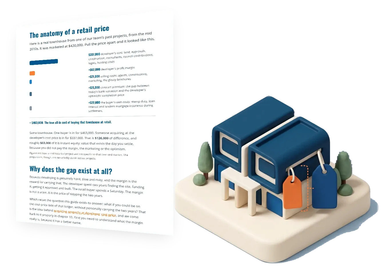 Chapter 1 of the FracHaus property development guide, every new property has two prices, shown as a page beside its illustration