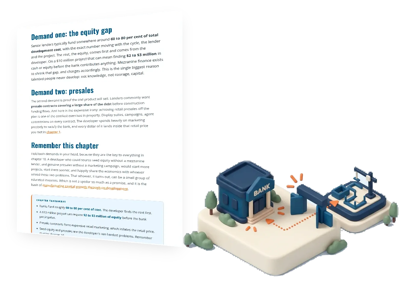 Chapter 6 of the FracHaus property development guide, funding: the real gatekeeper, shown as a page beside its illustration