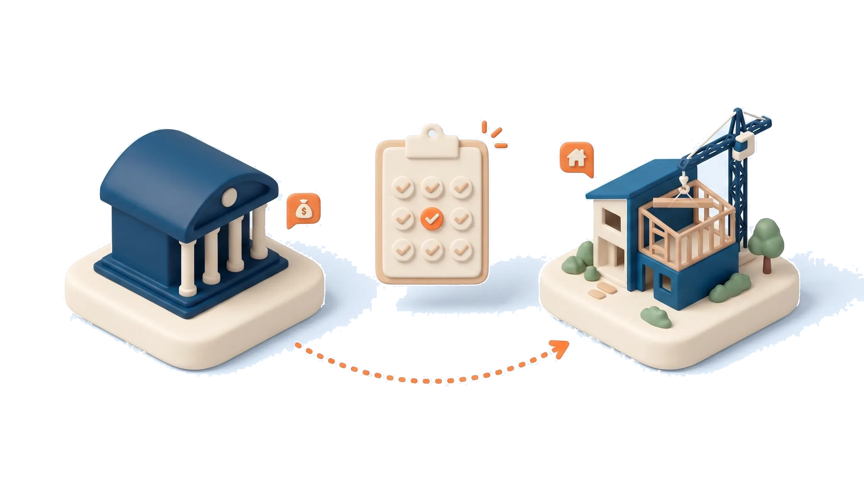 Isometric scene of a bank, a development site and a lender's checklist, illustrating property development funding