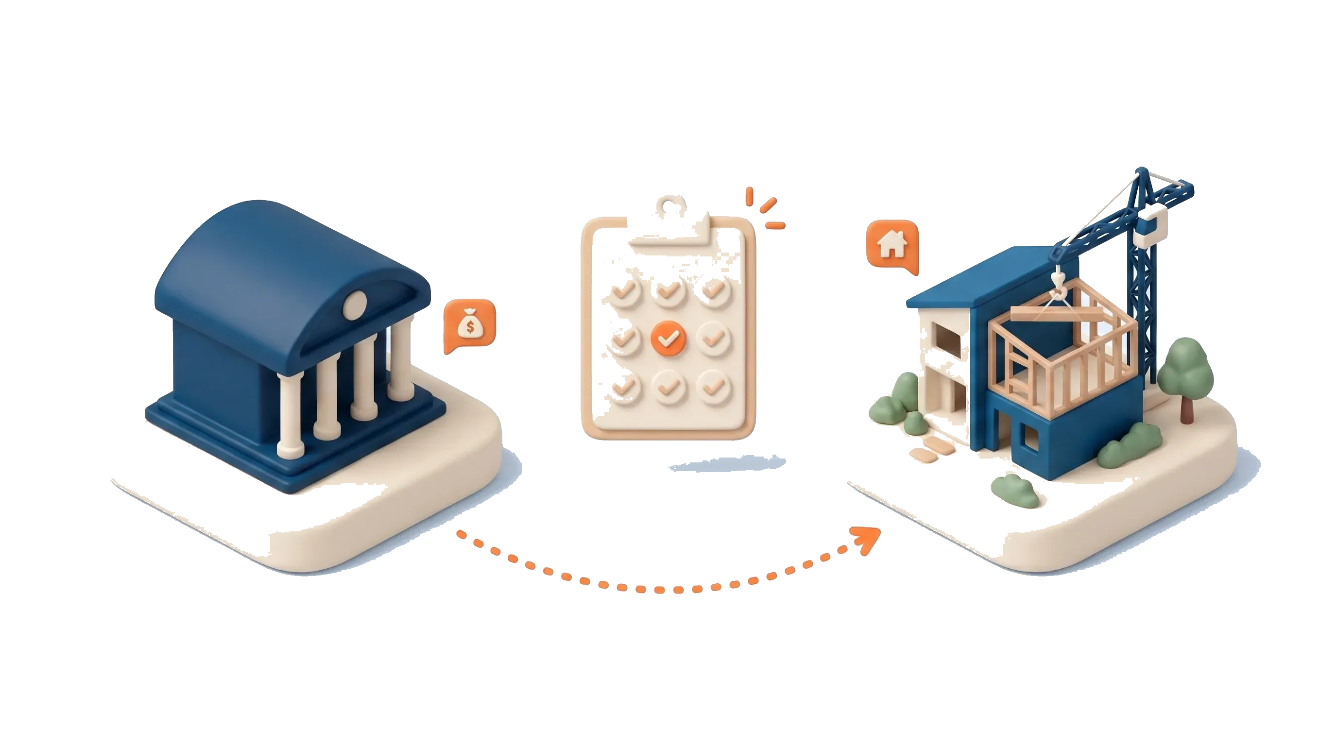 Isometric scene of a bank, a development site and a lender's checklist, illustrating property development funding