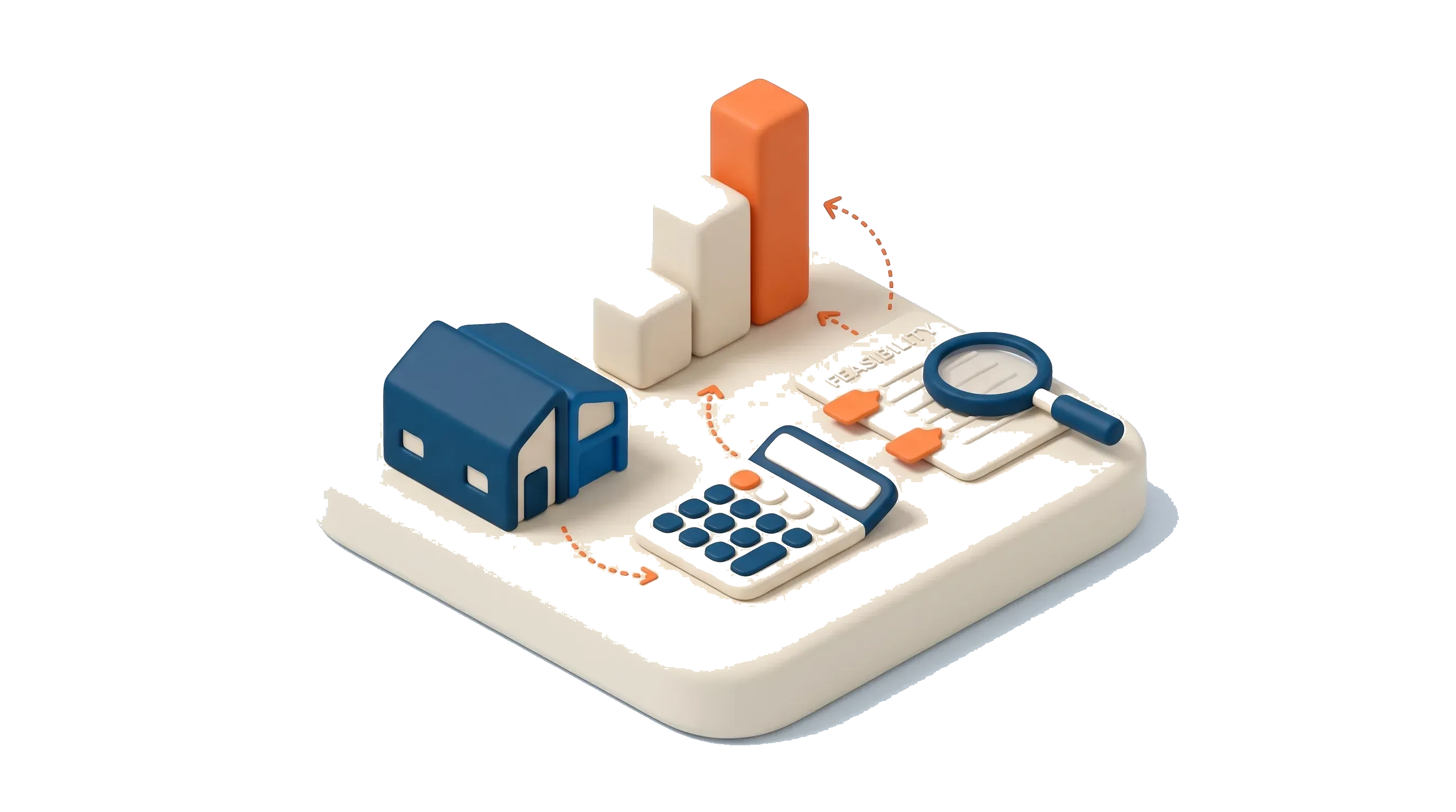 Isometric illustration of a development feasibility: a house beside a rising margin bar and a calculator