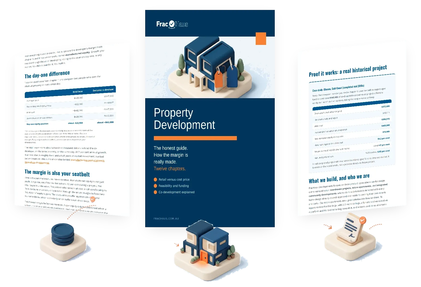 The FracHaus property development guide: the cover beside pages showing the cost price comparison and the co-development case study