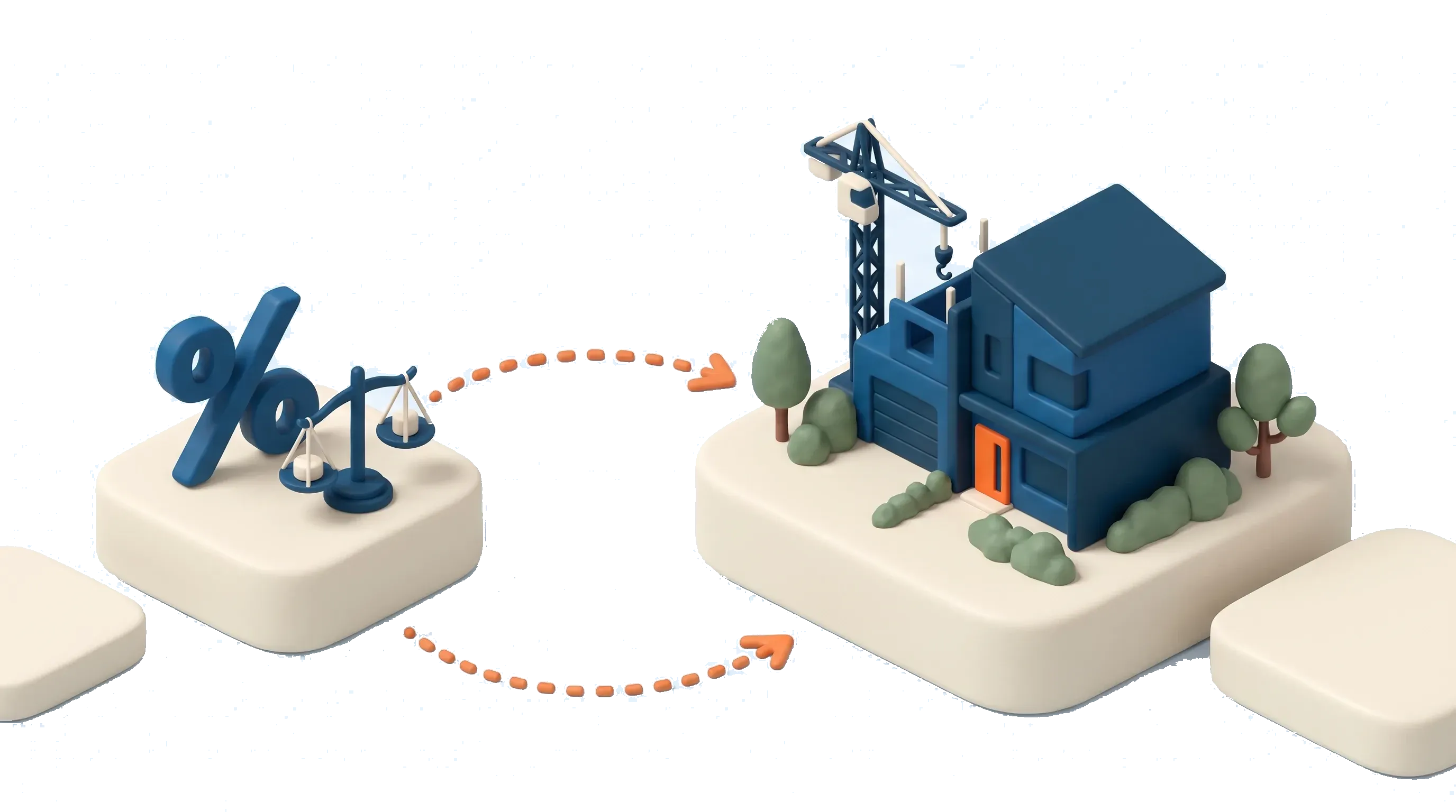 Isometric scene of a percentage sign and balance scales beside a townhouse under construction, showing how interest rates weigh on a development