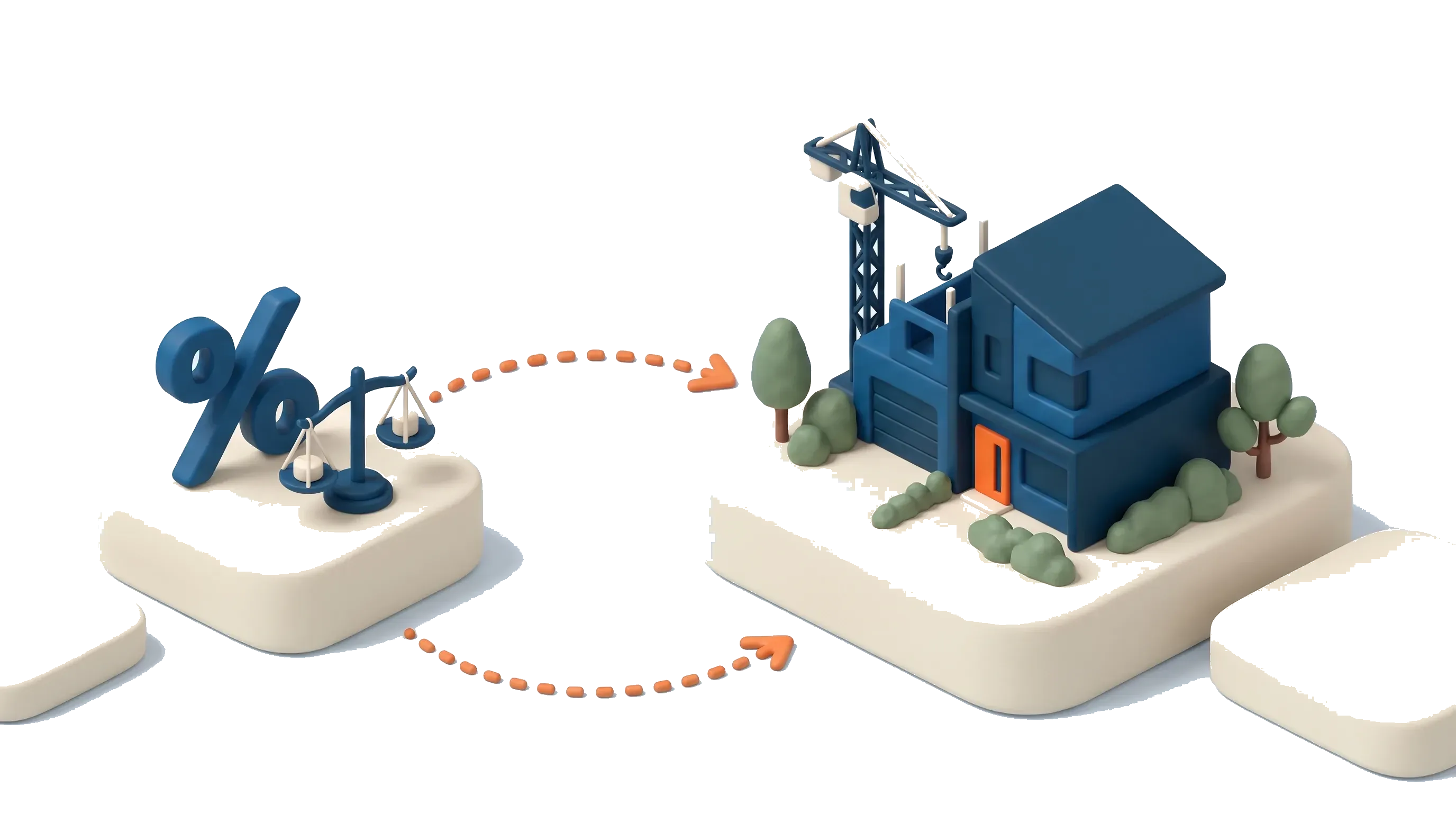 Isometric scene of a percentage sign and balance scales beside a townhouse under construction, showing how interest rates weigh on a development