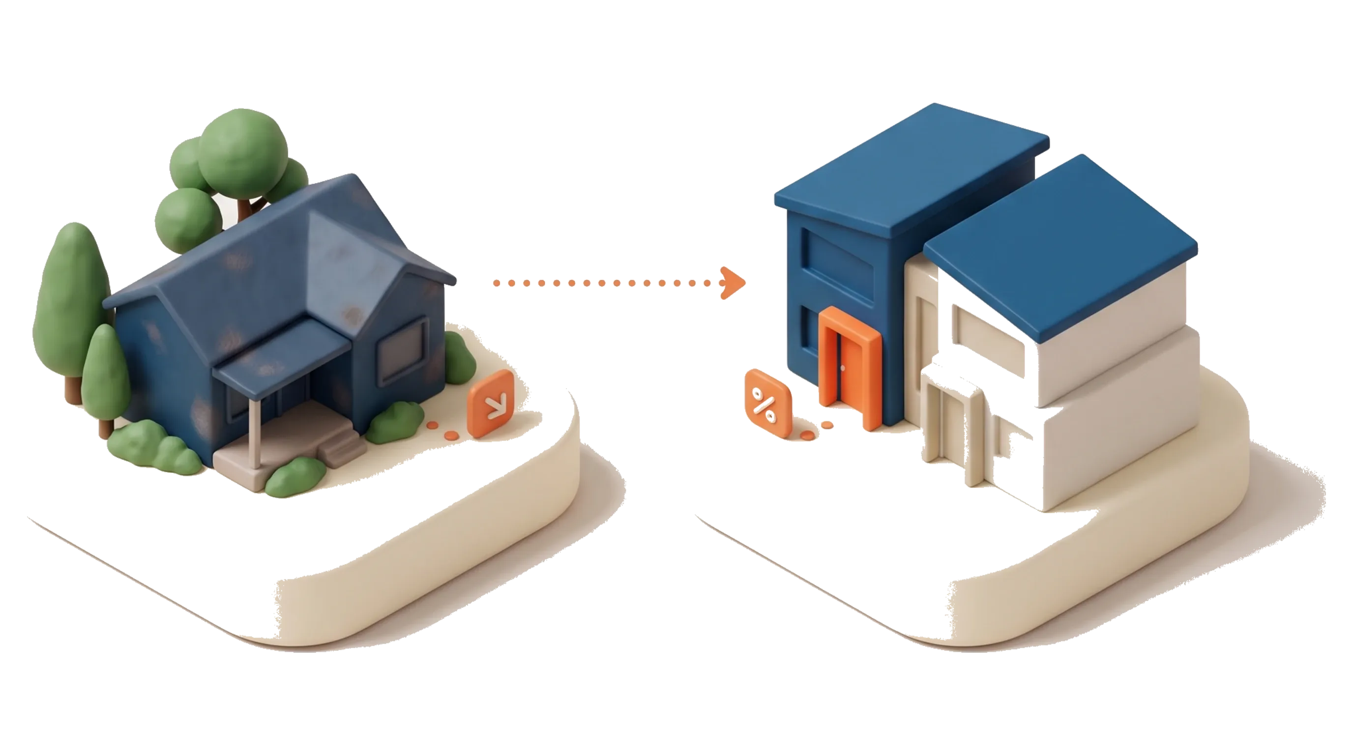 Two clay townhouses on cream pedestals, an older home greyed out and a new build with a bright orange door still able to be negatively geared