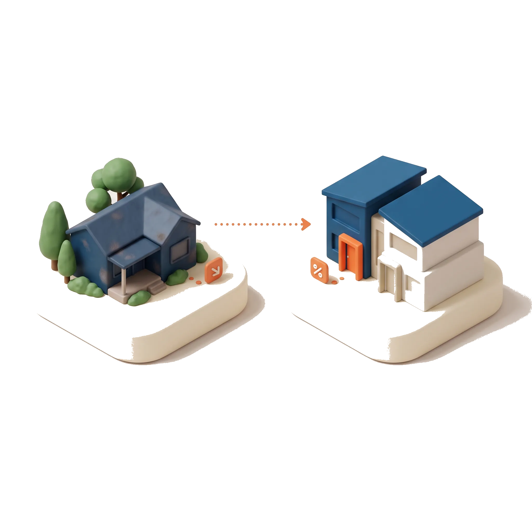 Two clay townhouses on cream pedestals, an older home greyed out and a new build with a bright orange door still able to be negatively geared
