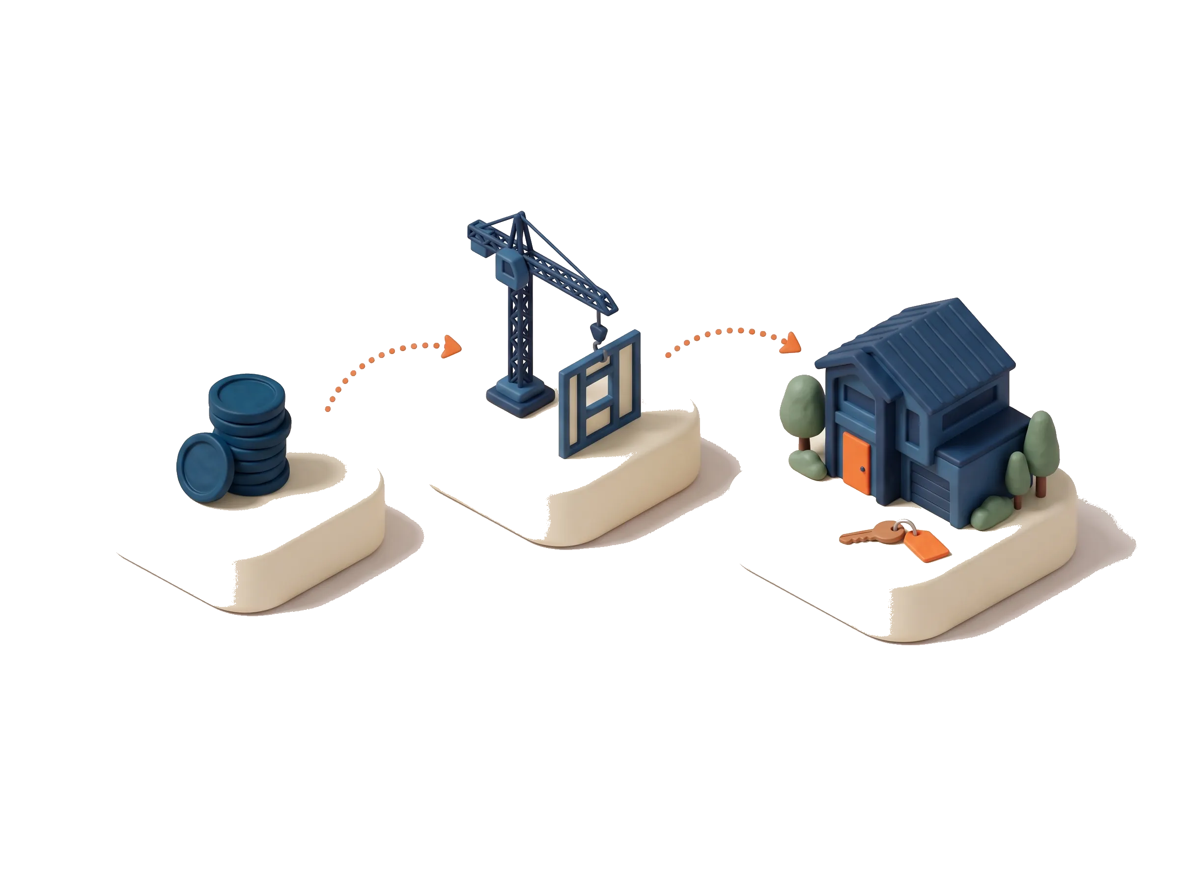 A clay process from coins to a construction crane to a finished new townhouse with an orange door, showing how to invest in new-build property supply