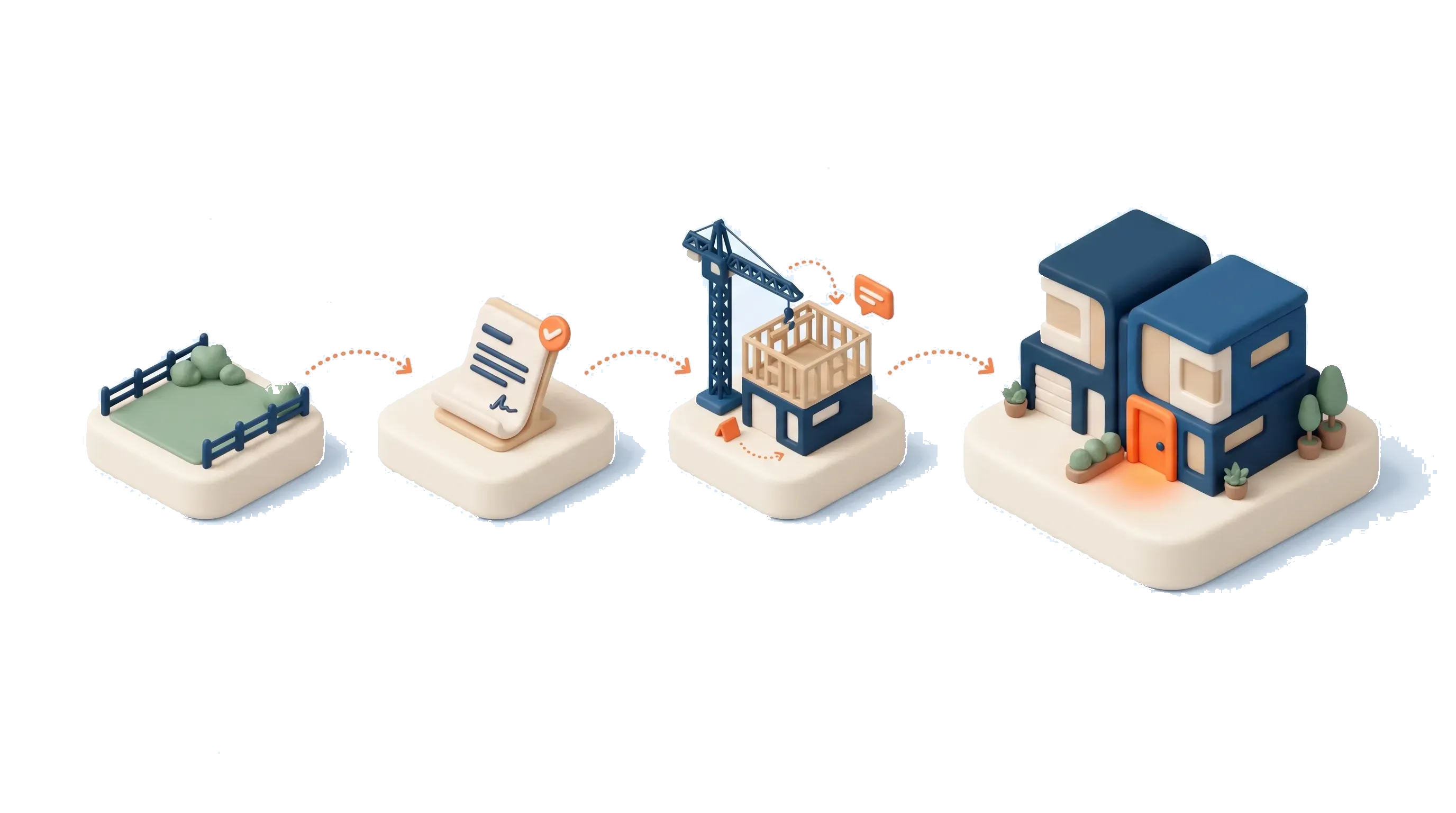 Isometric illustration of a small residential development progressing from an empty block to a finished townhouse pair