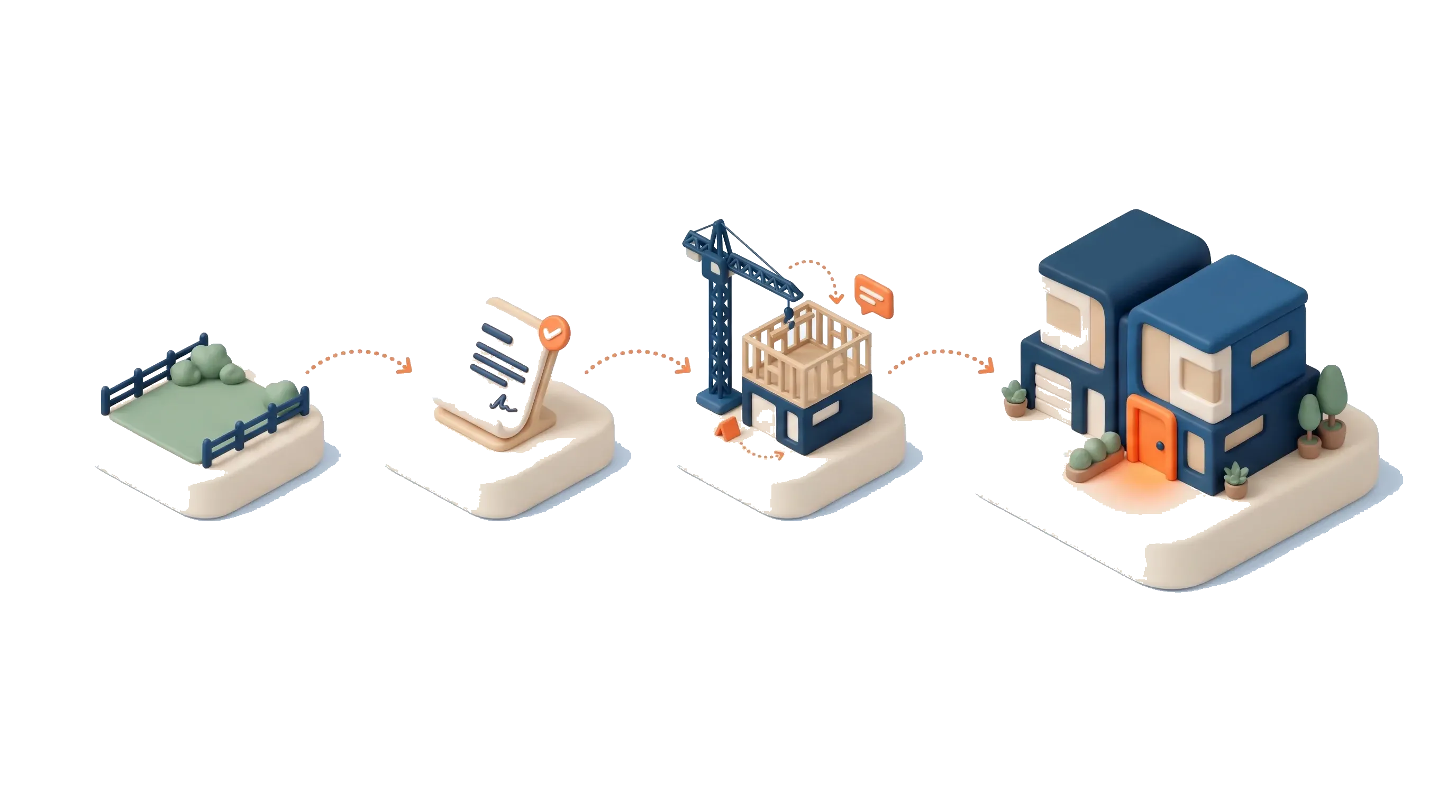 Isometric illustration of a small residential development progressing from an empty block to a finished townhouse pair