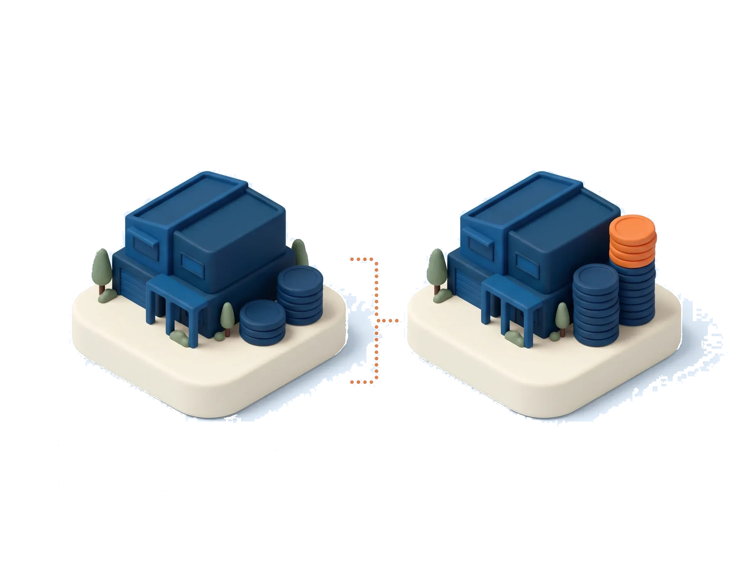 Two identical townhouses side by side, one with a taller stack of coins showing the manufactured development margin